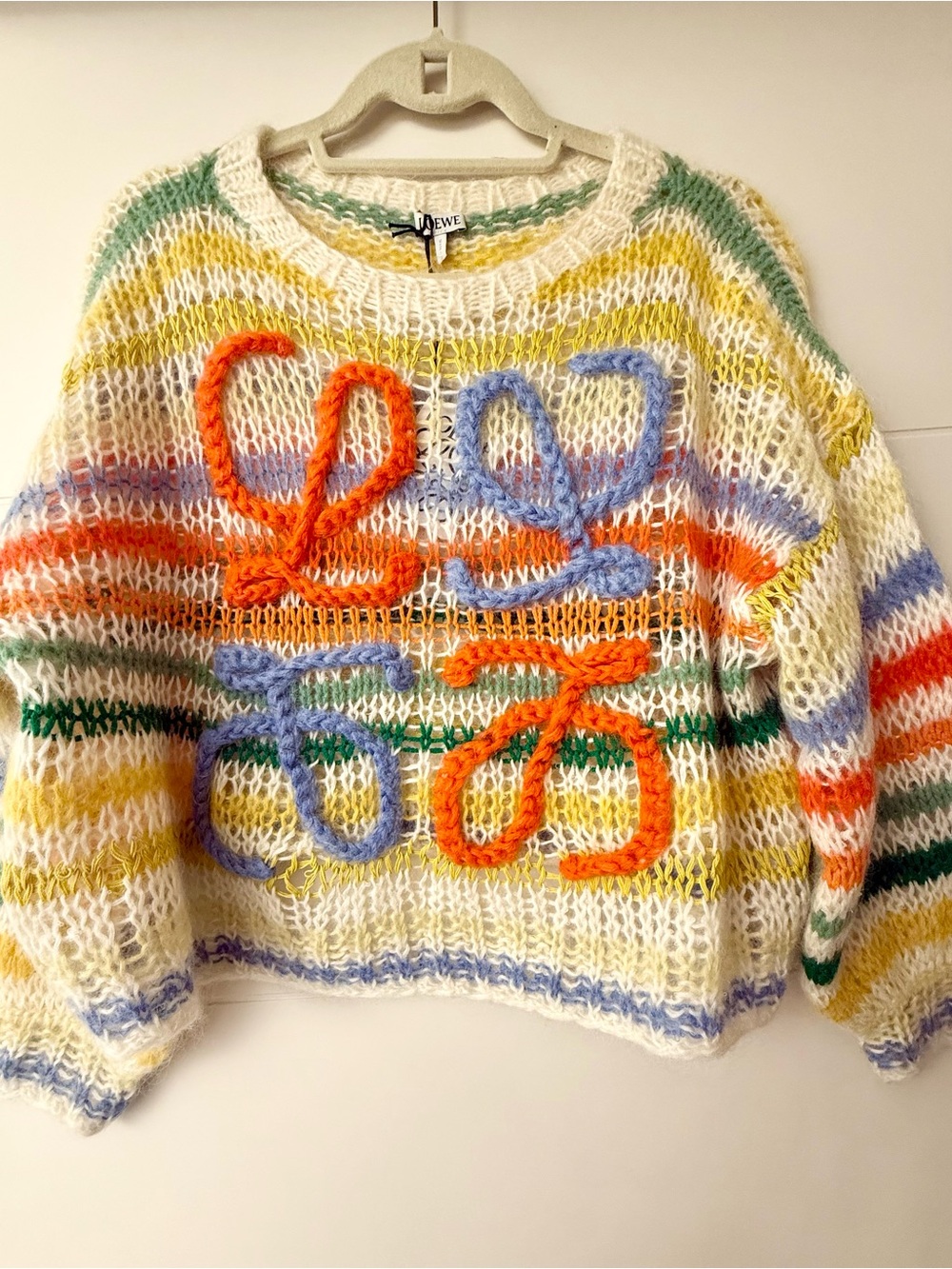 NWT Loewe Cream Open-Knit Sweater with Multicolor Stripes